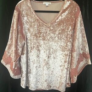 ,Pale pink crushed velvet, bell sleeve top with lace details